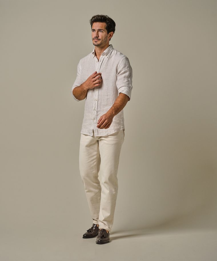 profuomo Beige linnen streep overhemd