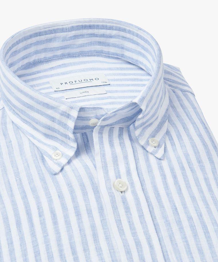 Profuomo Blauw Linnen Streep Overhemd