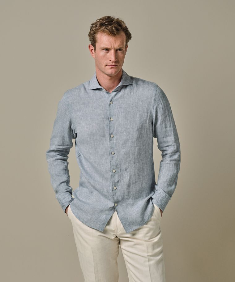 Profuomo Midden Blauw Linnen Overhemd