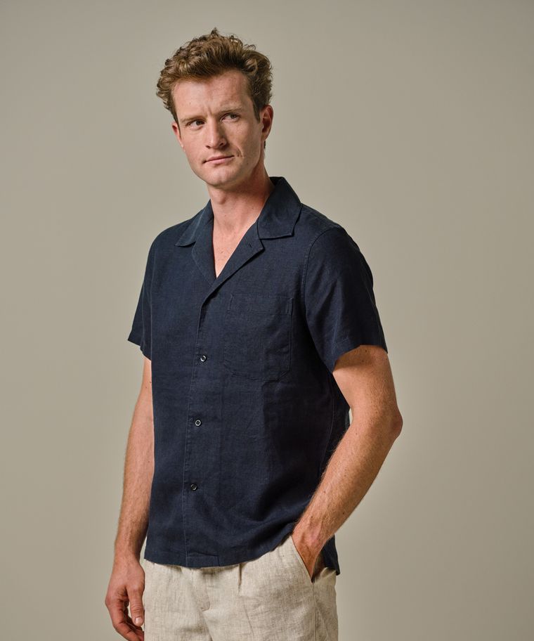 Profuomo Navy Linnen Camp Collar