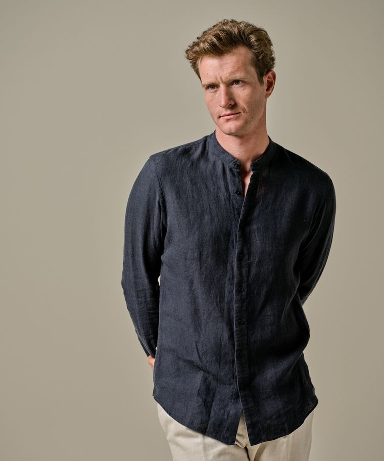 Profuomo Navy Linnen Standing Collar