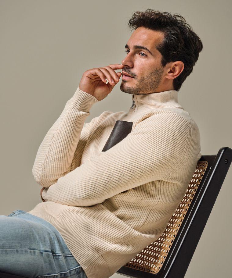 Profuomo Off White Half Zip Leather Pocket