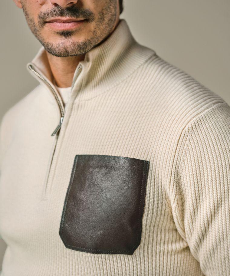 Profuomo Off White Half Zip Leather Pocket