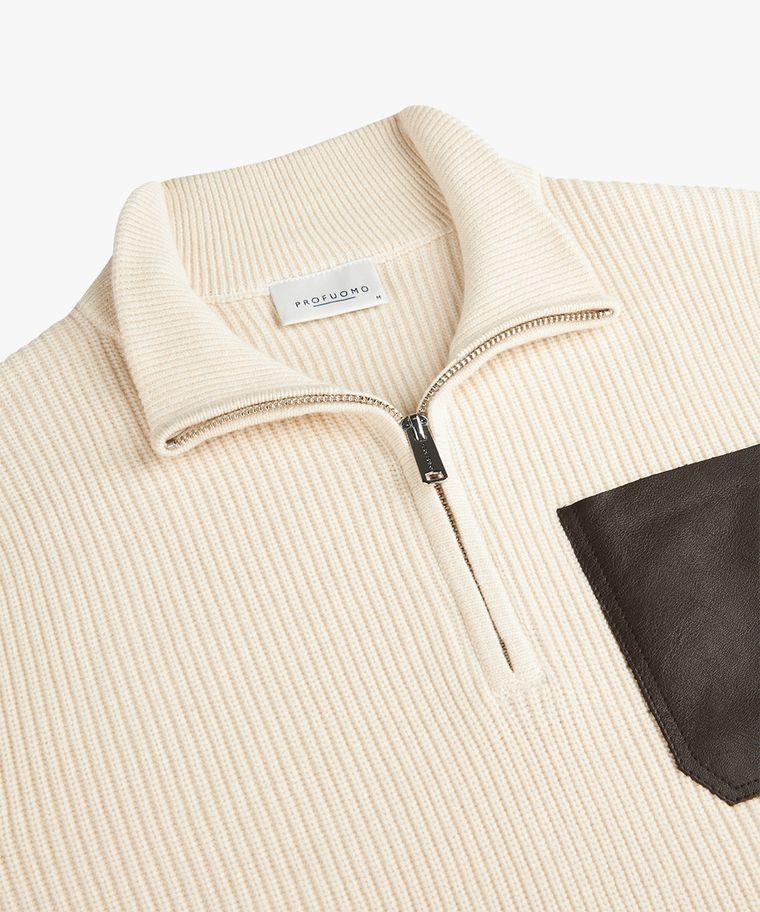 Profuomo Off White Half Zip Leather Pocket