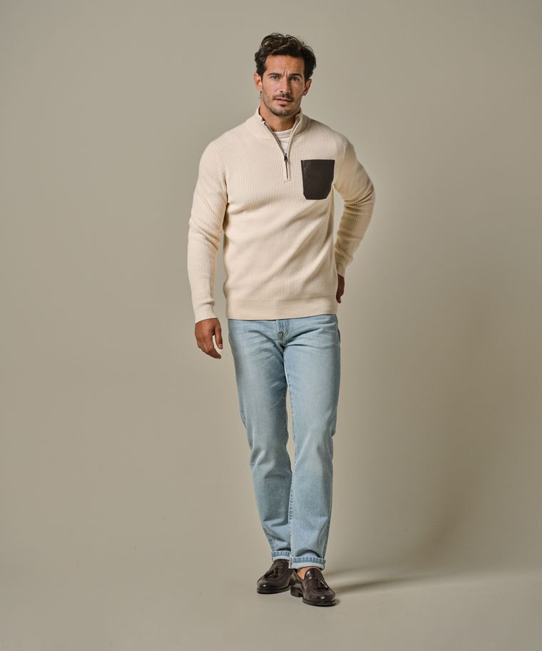 profuomo Off white half zip leather pocket