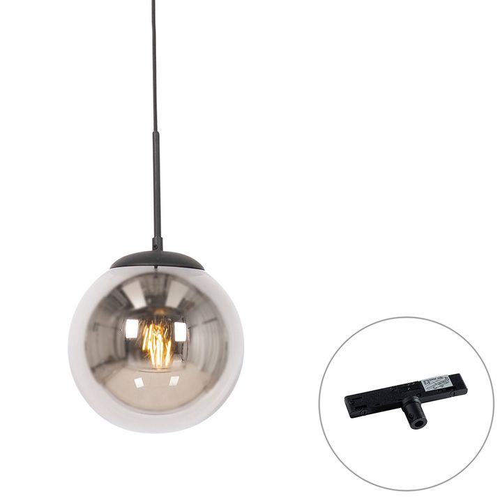qazqa Art Deco hanglamp zwart met smoke glas incl. rail adapter 1-fase - Slimline Flore