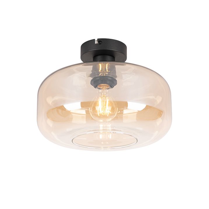 Qazqa Art Deco Plafondlamp Zwart Met Amber Glas - Bizle