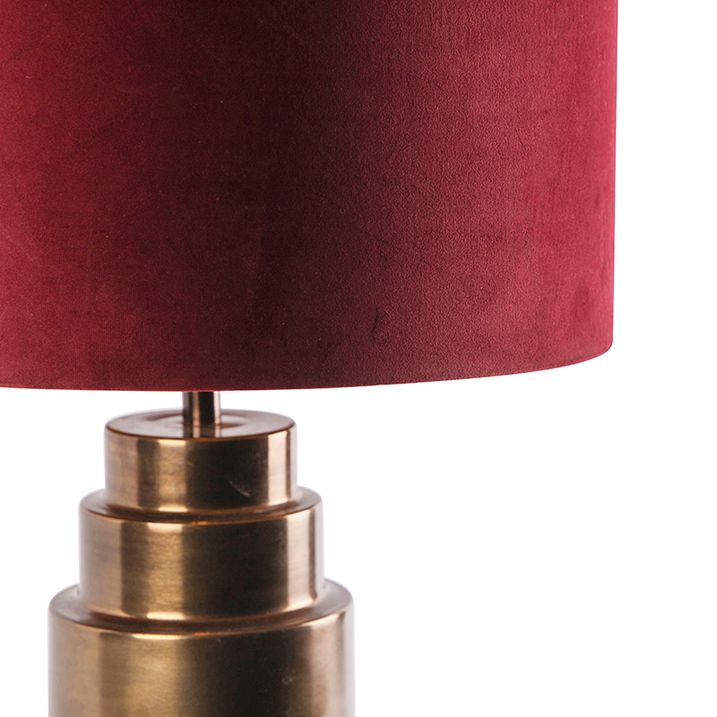 Qazqa Art Deco Tafellamp Brons Velours Kap Rood Met Goud 40 Cm - Bruut