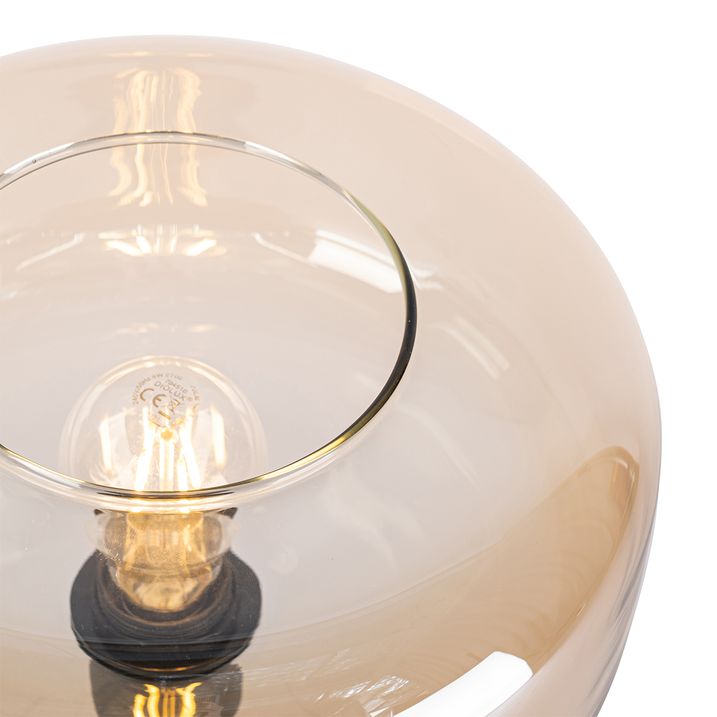 Qazqa Art Deco Tafellamp Zwart Met Amber Glas - Bizle
