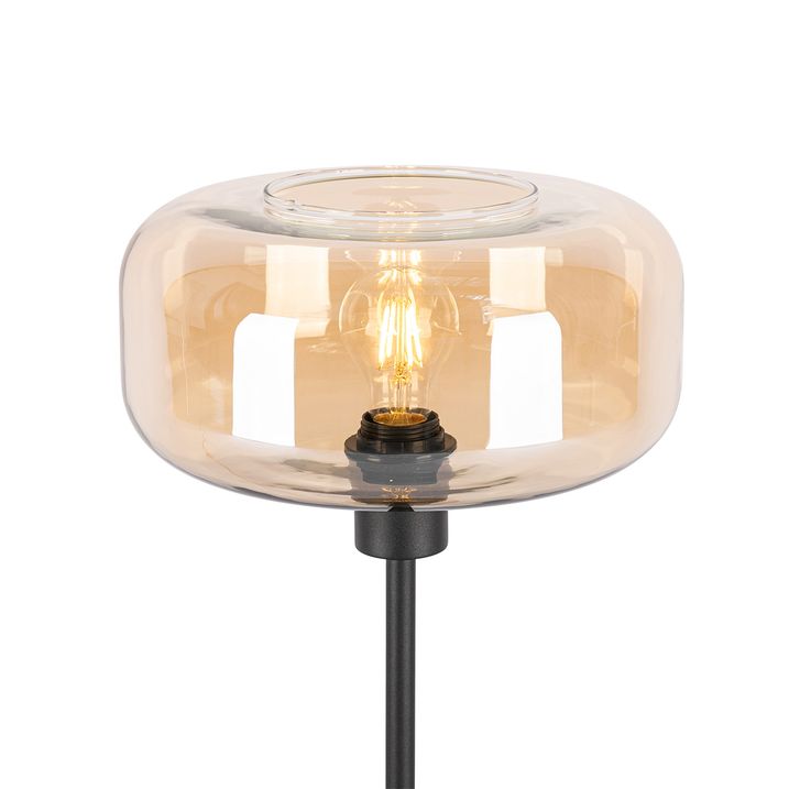 Qazqa Art Deco Tafellamp Zwart Met Amber Glas - Bizle