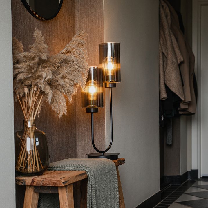 qazqa Art Deco tafellamp zwart met smoke glas 2-lichts - Laura