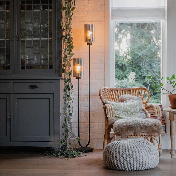 qazqa Art Deco vloerlamp zwart met smoke glas 2-lichts - Laura