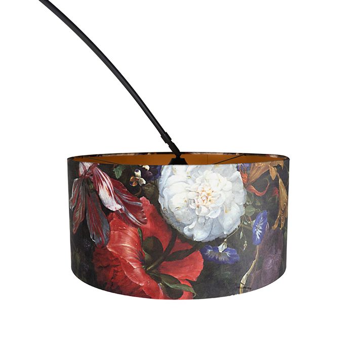 Qazqa Booglamp Zwart Velours Kap Bloemen Dessin 50 Cm - XXL