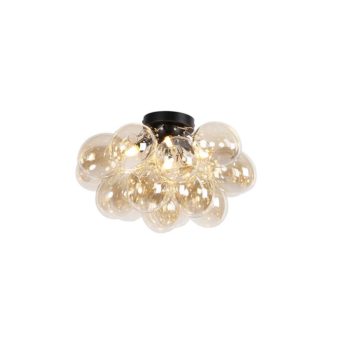 Qazqa Design Plafondlamp Zwart Met Amber Glas 4-lichts - Uvas