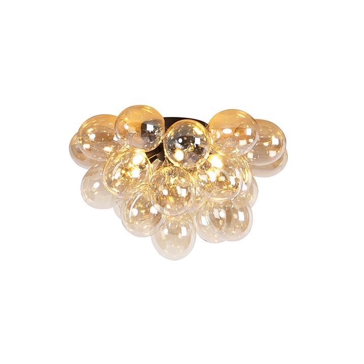 Qazqa Design Plafondlamp Zwart Met Amber Glas 6-lichts - Uvas