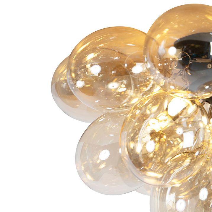 Qazqa Design Plafondlamp Zwart Met Amber Glas 6-lichts - Uvas