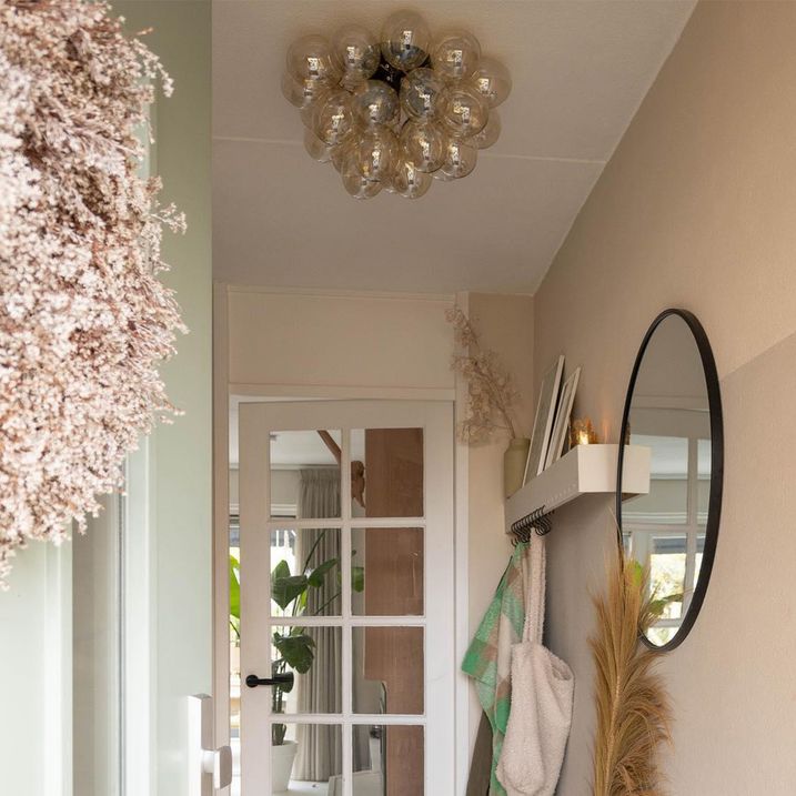 qazqa Design plafondlamp zwart met amber glas 6-lichts - Uvas