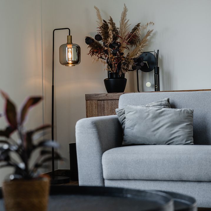 qazqa Design vloerlamp zwart met goud en smoke glas - Zuzanna
