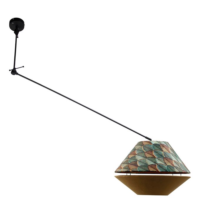 qazqa Hanglamp zwart met dubbele velours lampenkap blad dessin en beige - Blitz