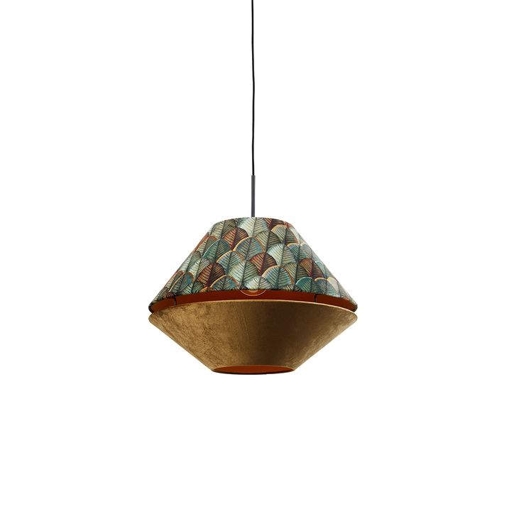 qazqa Hanglamp zwart met dubbele velours lampenkap blad dessin en beige - Combi 1