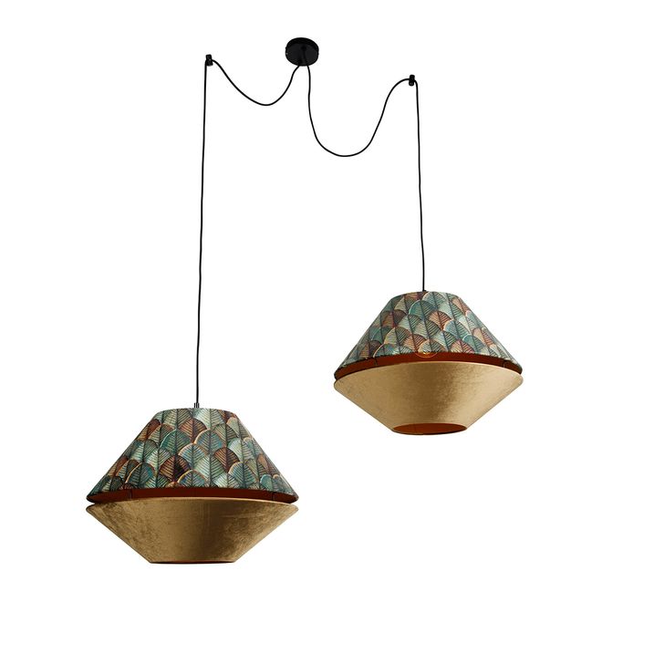 qazqa Hanglamp zwart met dubbele velours lampenkap blad dessin en beige 2-lichts - Cava Luxe