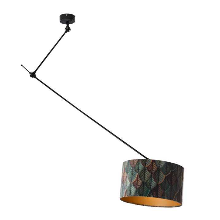 qazqa Hanglamp zwart met velours lampenkap blad dessin met gouden binnenkant 40/40/40 - Blitz