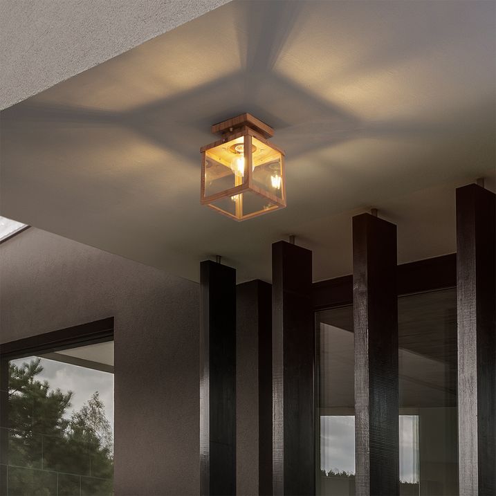 qazqa Industriële buitenplafondlamp hout met helder glas - Rotterdam