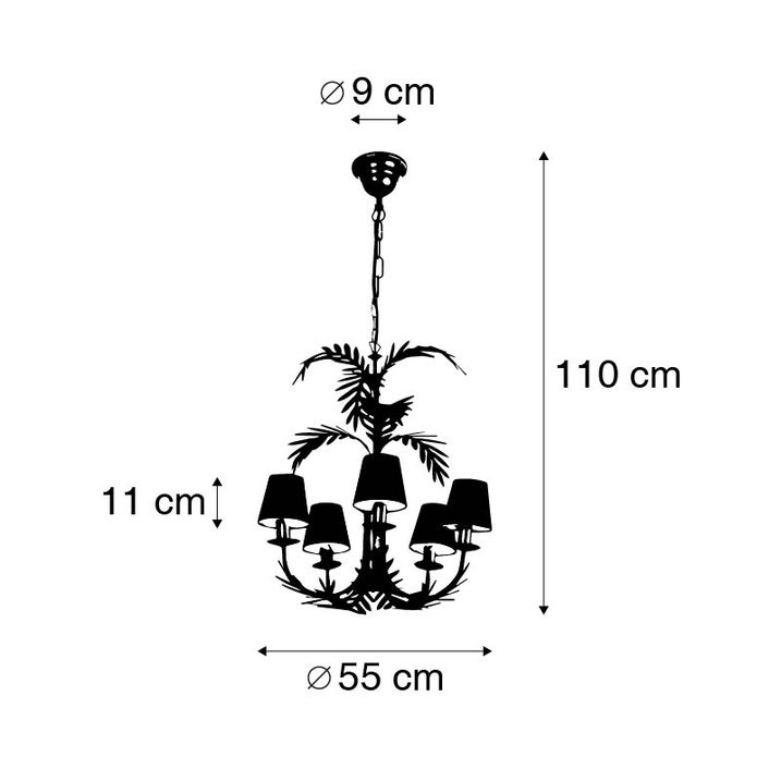 Qazqa Kroonluchter Goud Met Katoenen Klemkap Zwart 5-lichts - Botanica