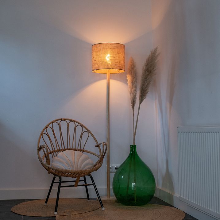 qazqa Landelijke vloerlamp hout met linnen kap naturel 32 cm - Mels