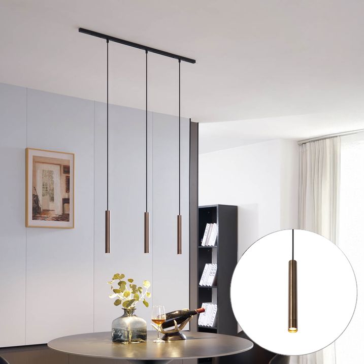 qazqa Modern railsysteem met 3 hanglampen brons 1-fase - Slimline Keno qazqa Modern railsysteem met 3 hanglampen brons 1-fase - Slimline Keno