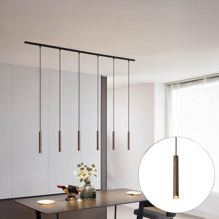 qazqa Modern railsysteem met 6 hanglampen brons 1-fase - Slimline Keno qazqa Modern railsysteem met 6 hanglampen brons 1-fase - Slimline Keno