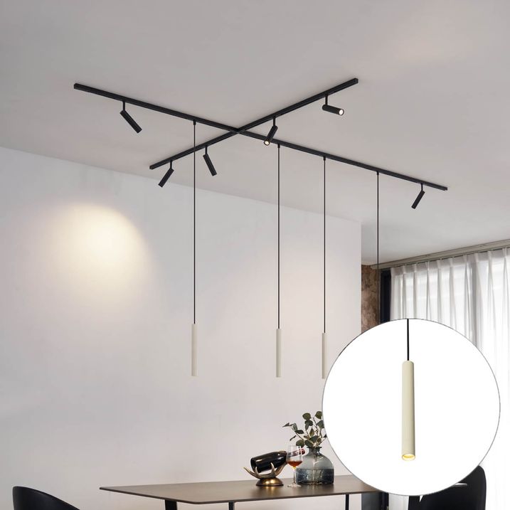 qazqa Modern railsysteem met 6 spots en 4 hanglampen beige met zwart 1-fase - Slimline Uzzy Keno