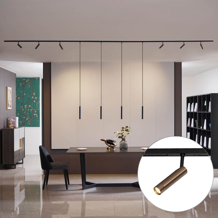 qazqa Modern railsysteem met 6 spots en 4 hanglampen donker brons 1-fase - Slimline Uzzy Keno