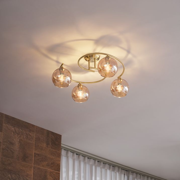 qazqa Moderne plafondlamp messing met amber glas 4-lichts - Alanis