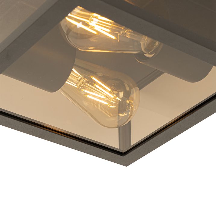 Qazqa Plafondlamp Zwart Met Smoke Glas 2-lichts IP44 - Charlois
