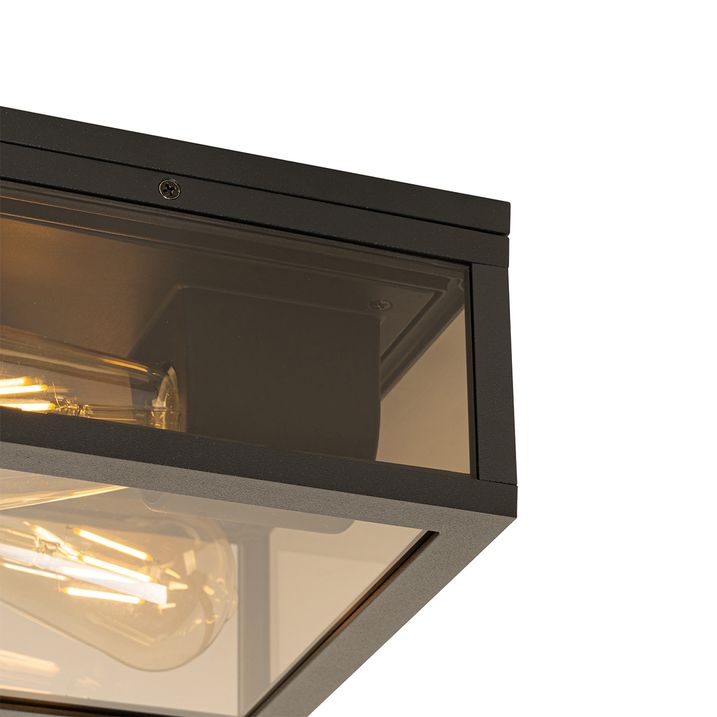 Qazqa Plafondlamp Zwart Met Smoke Glas 2-lichts IP44 - Charlois