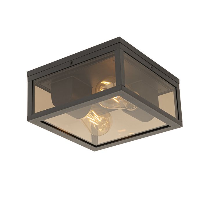 qazqa Plafondlamp zwart met smoke glas 2-lichts IP44 - Charlois