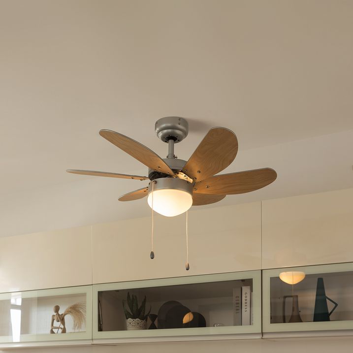 qazqa Plafondventilator staal met hout print 80cm met trekschakelaar - Fresh