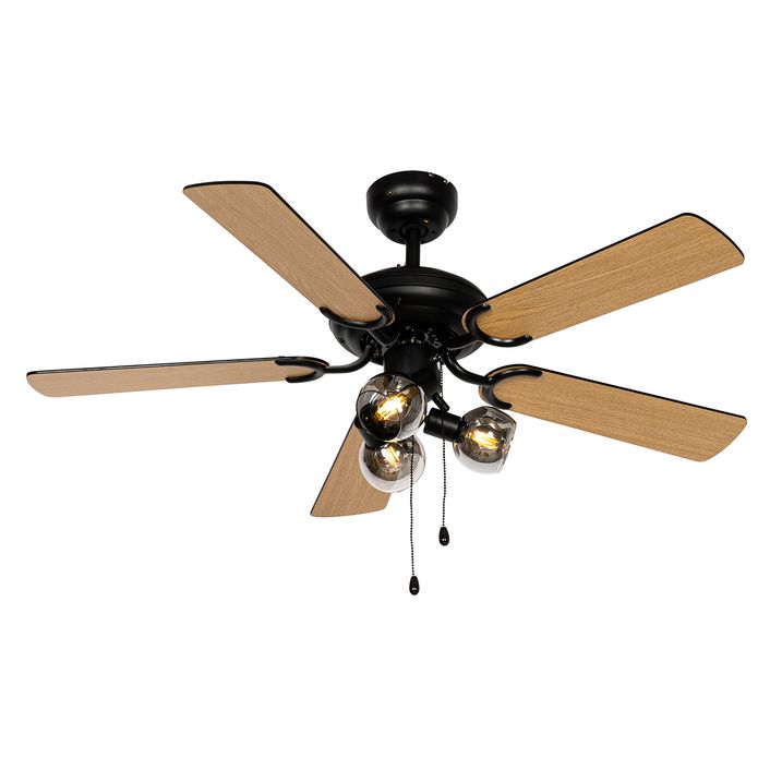 Qazqa Plafondventilator Zwart Met Hout Print 107.5cm 3-lichts Met Trekschakelaar - Mistral Vidro