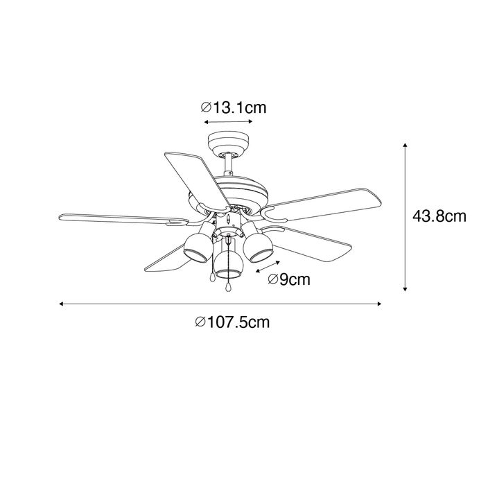 Qazqa Plafondventilator Zwart Met Hout Print 107.5cm 3-lichts Met Trekschakelaar - Mistral Vidro