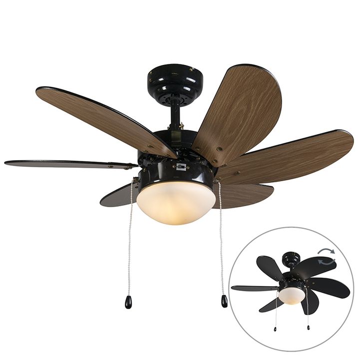 Qazqa Plafondventilator Zwart Met Hout Print 80cm Met Trekschakelaar - Fresh