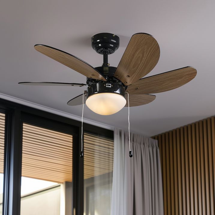 qazqa Plafondventilator zwart met hout print 80cm met trekschakelaar - Fresh