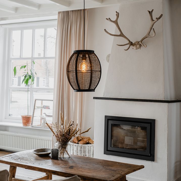 qazqa Oosterse hanglamp zwart stof 35 cm - Rob