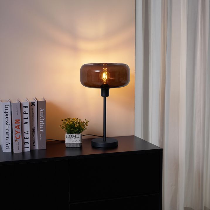 qazqa Retro tafellamp zwart met brons glas - Bizle