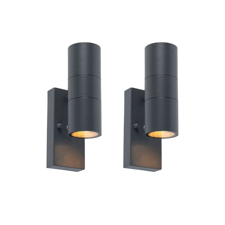 qazqa Set van 2 buiten wandlamp donkergrijs 2-lichts schemersensor - Duo