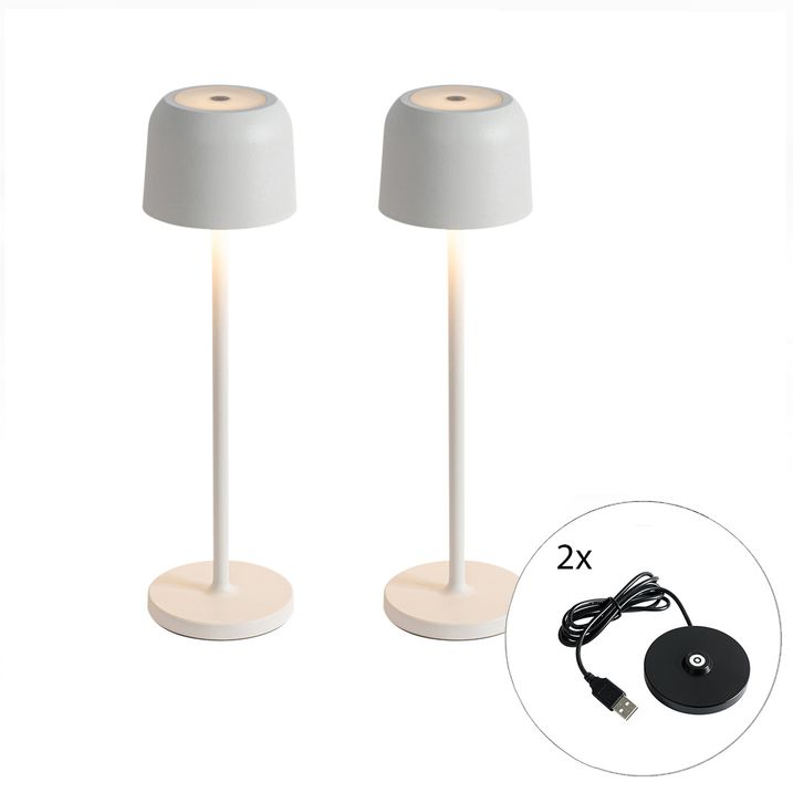 qazqa Set van 2 tafellampen mushroom off white incl. laadstation - Raika