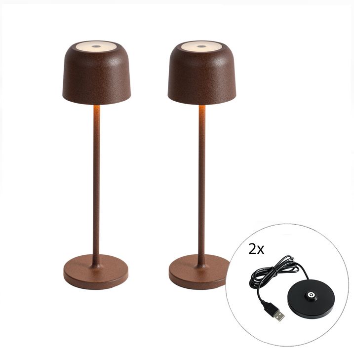 qazqa Set van 2 tafellampen mushroom roestbruin incl. laadstation - Raika