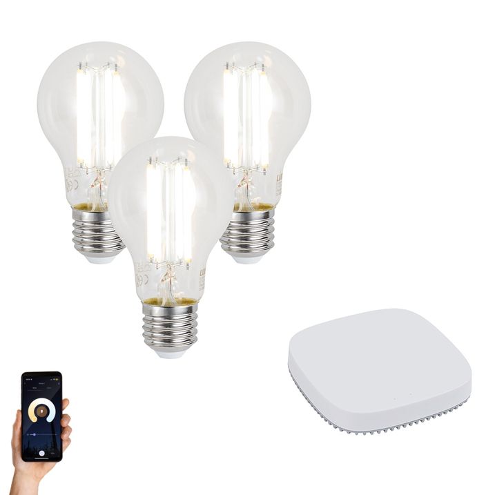 qazqa Set van 3 smart E27 dimbare LED lampen A60 7W 806LM 2700-6500K incl. Zigbee Smart Hub