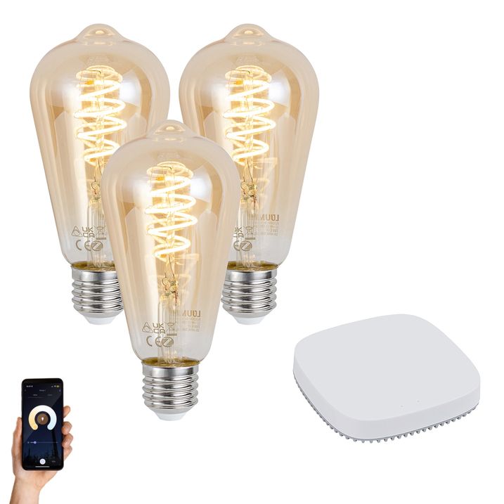 qazqa Set van 3 smart E27 dimbare LED lampen ST64 4.9W 320 lm 2500K incl. Zigbee Smart Hub
