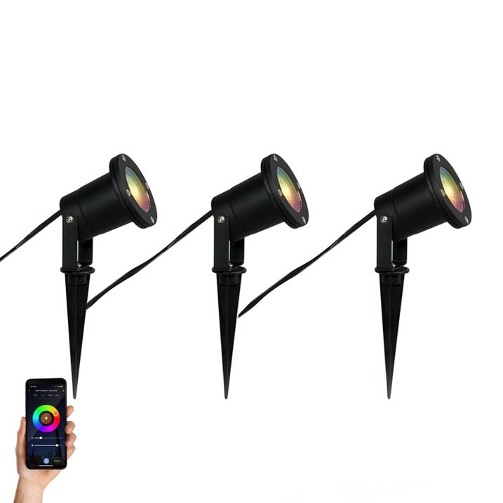 qazqa Set van 3 smart tuinspots zwart incl. snoer en stekker 200cm IP65 - Basic